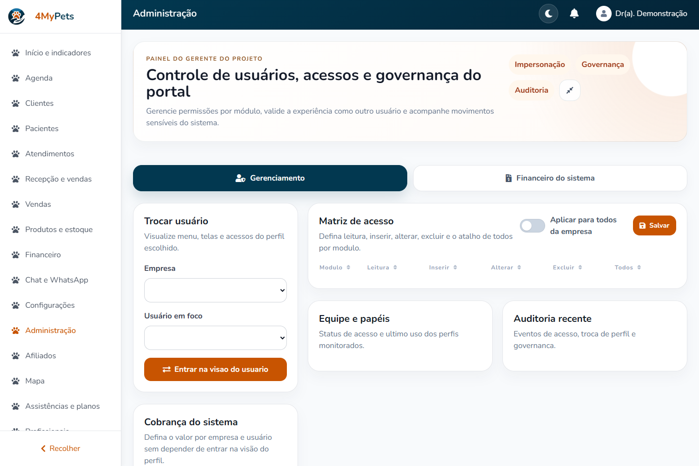 Gerencie os recursos administrativos — tela real com o menu correspondente selecionado