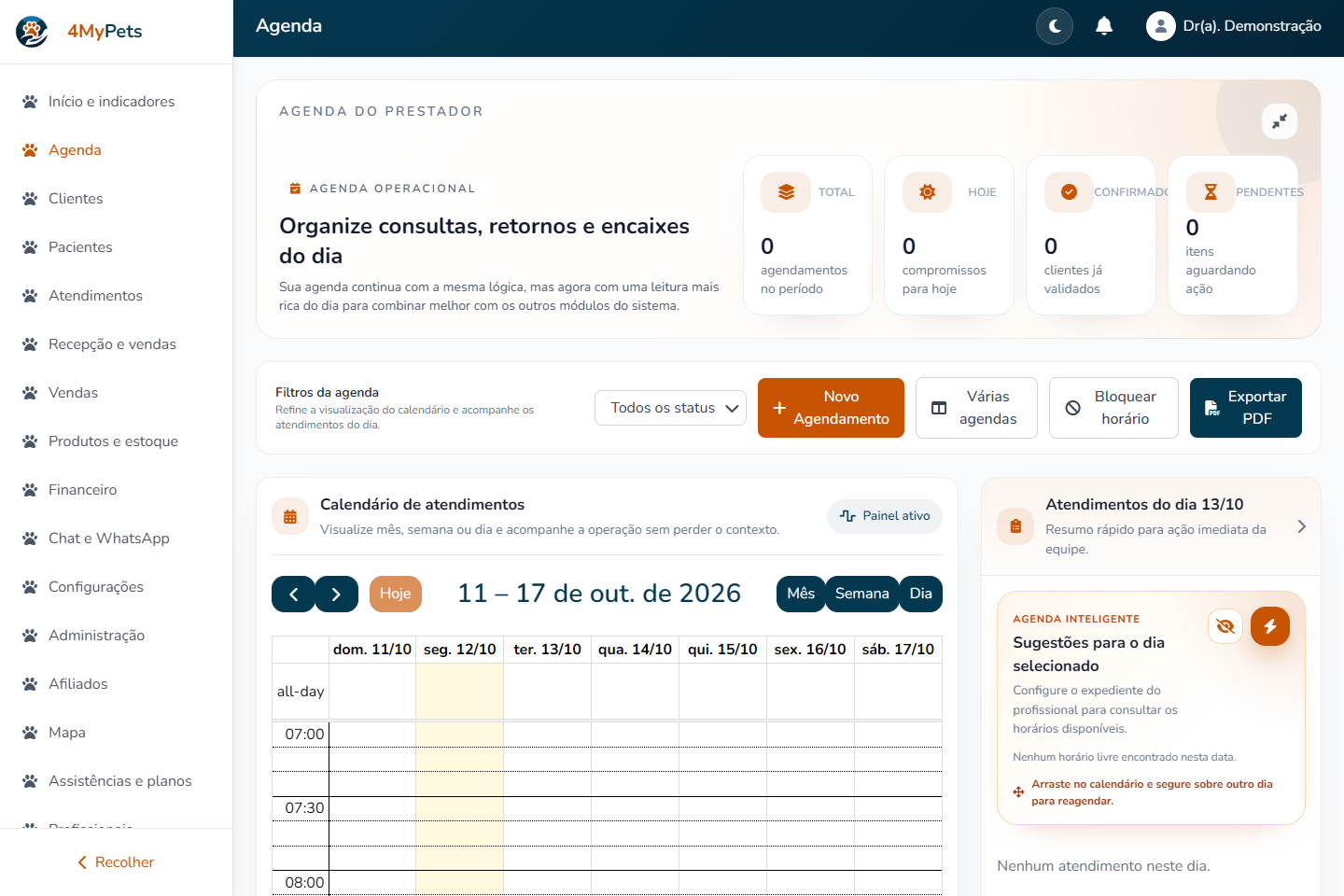 Tela da agenda 4MyPets com dados de demonstração