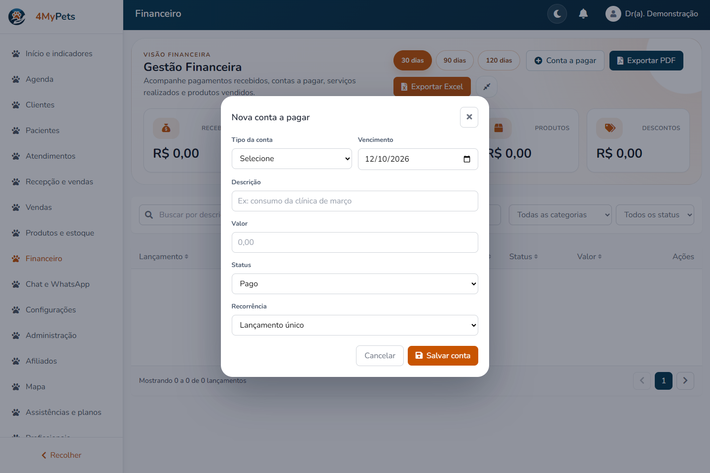Descrição, valor e recorrência — tela real com o menu correspondente selecionado