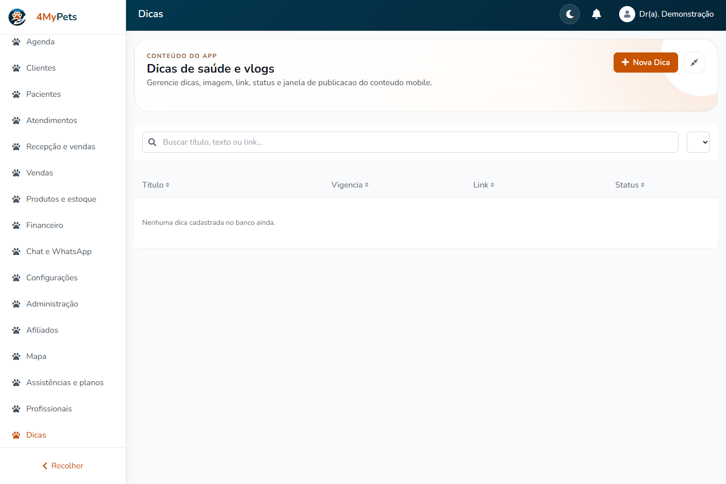 Publique conteúdos para os tutores — tela real com o menu correspondente selecionado
