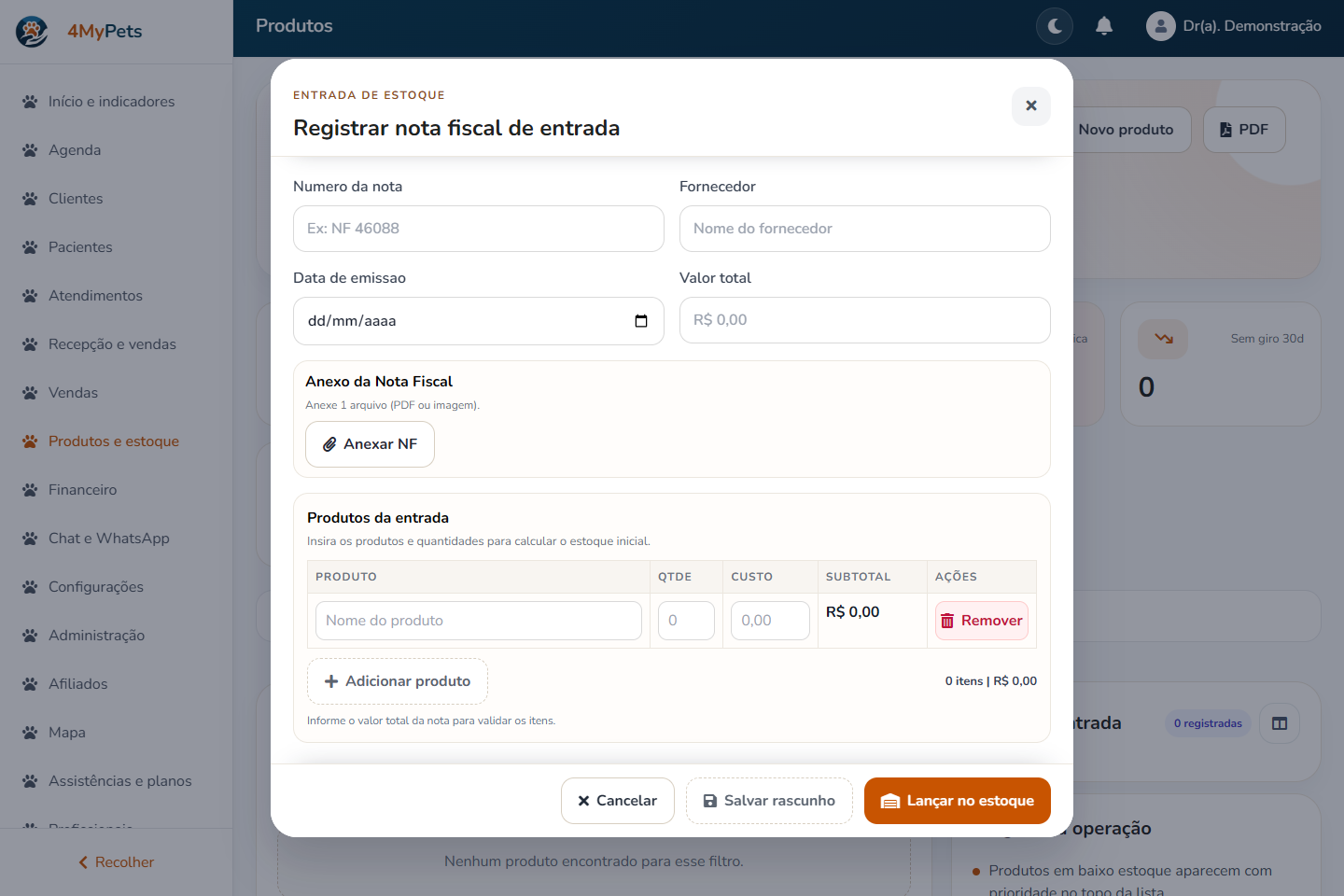 Nota e itens recebidos — tela real com o menu correspondente selecionado