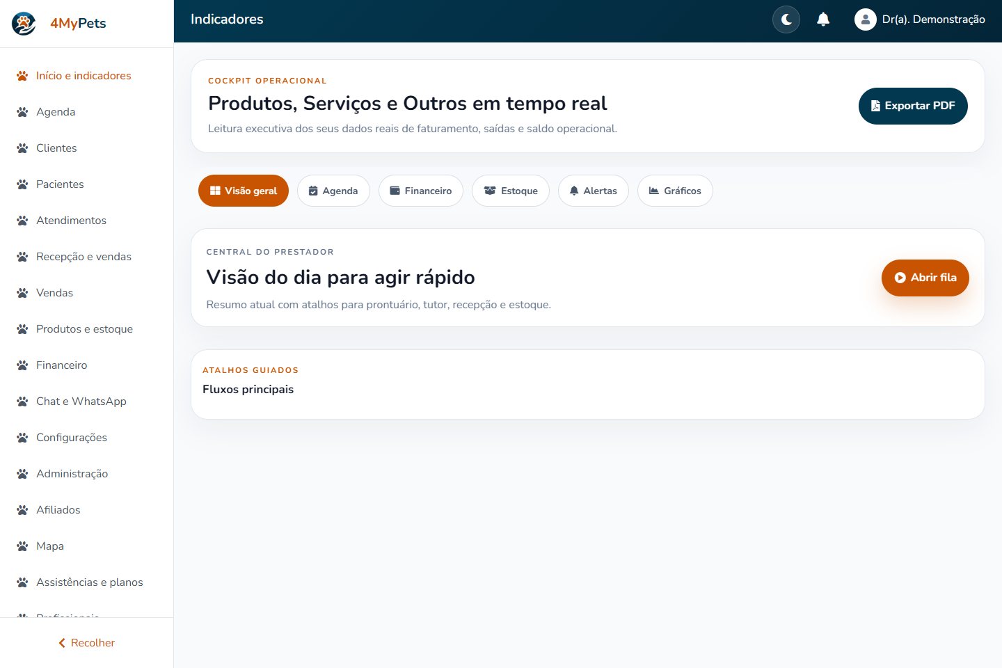 Conheça o 4MyPets — tela real com o menu correspondente selecionado