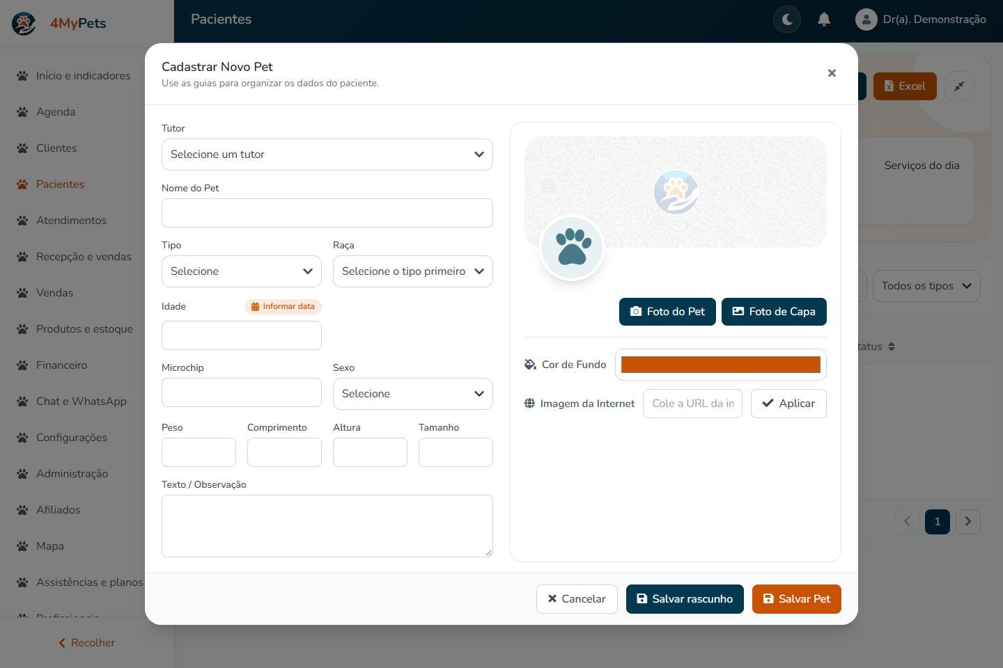 Tutor, identificação e medidas — tela real com o menu correspondente selecionado