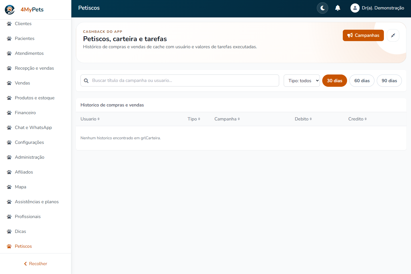 Gerencie os registros de petiscos — tela real com o menu correspondente selecionado