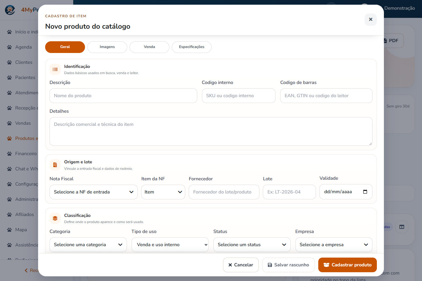 Dados, classificação e preço — tela real com o menu correspondente selecionado