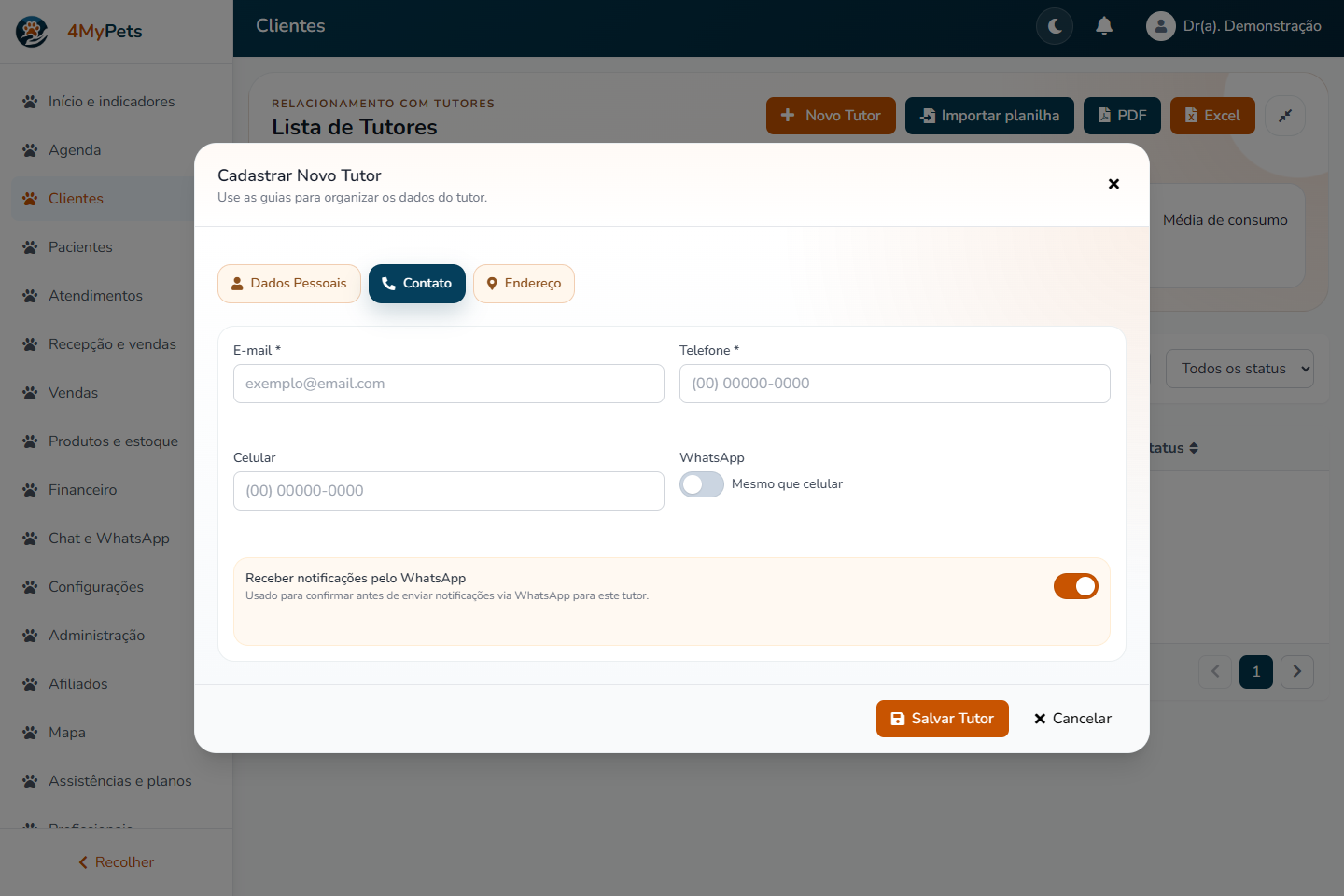 Contato e notificações — tela real com o menu correspondente selecionado