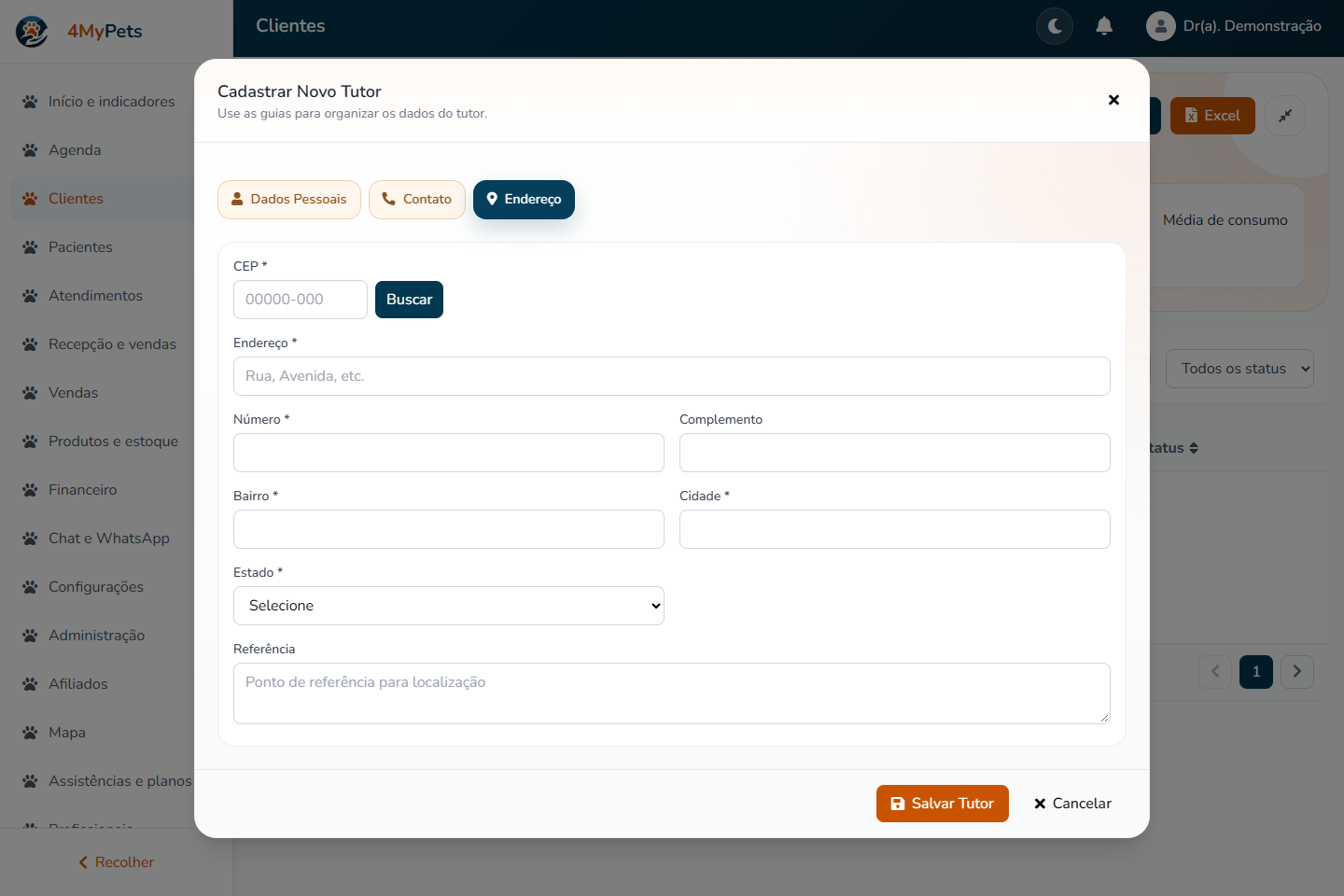 Endereço completo — tela real com o menu correspondente selecionado