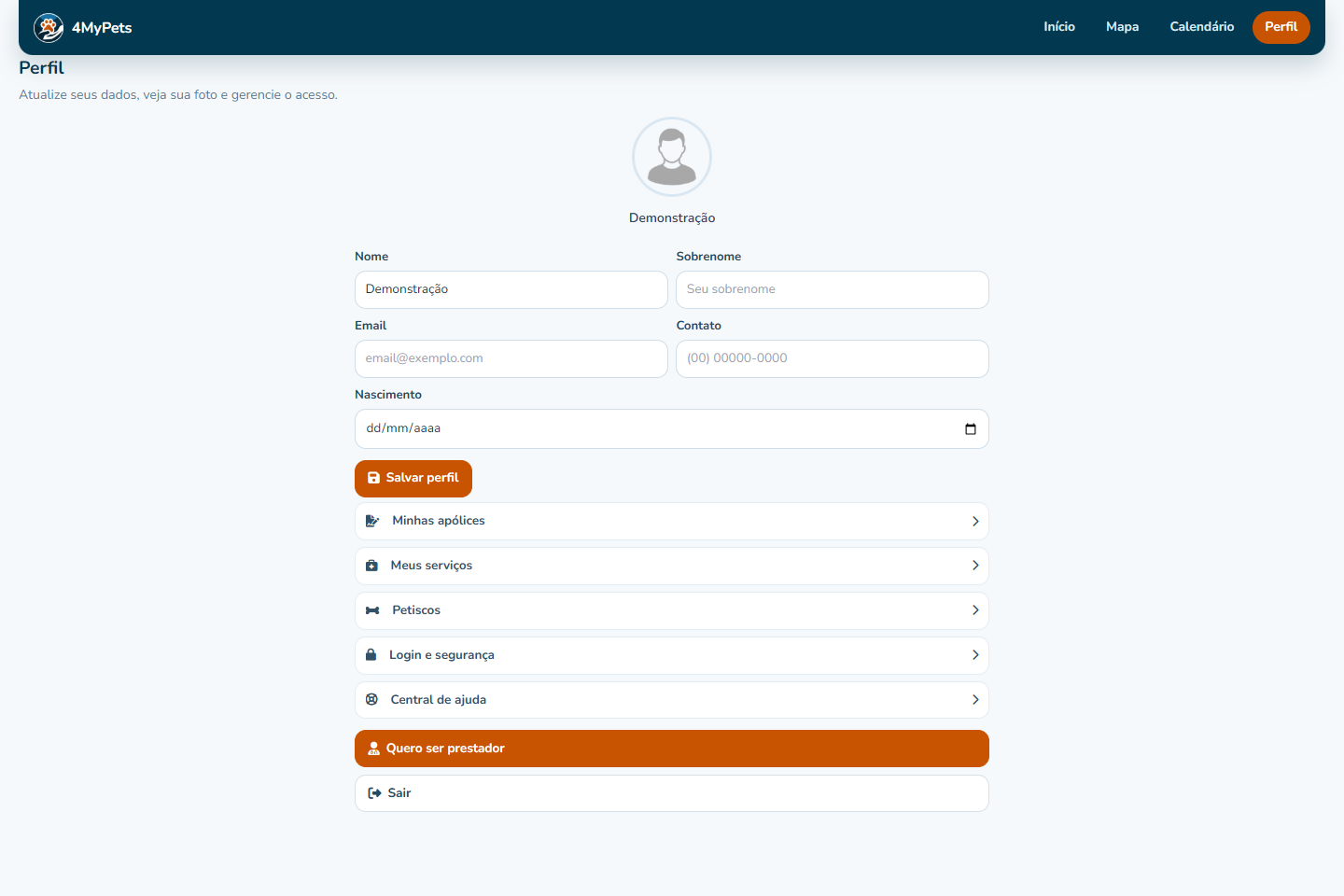 Mantenha seus dados atualizados — tela real com o menu correspondente selecionado